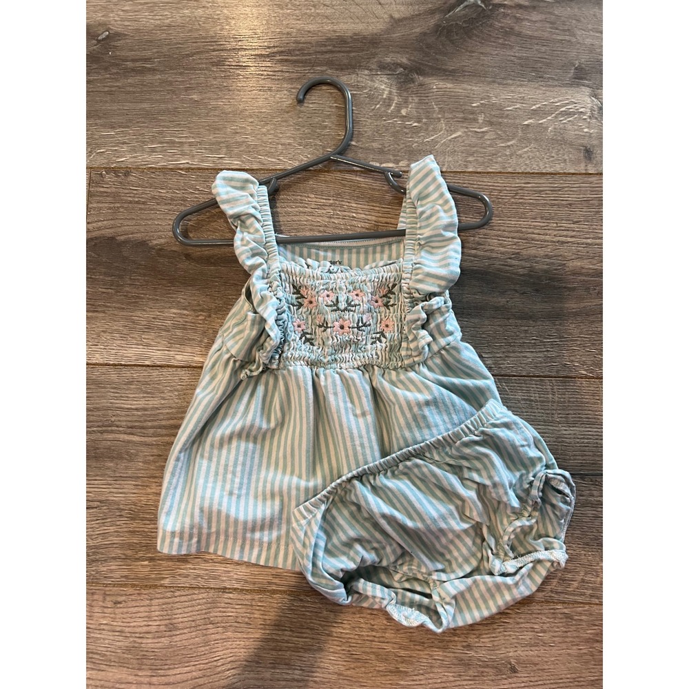 Carters Baby Girl Mint Green White Striped Floral Smocked Top Bloomer Set 18M